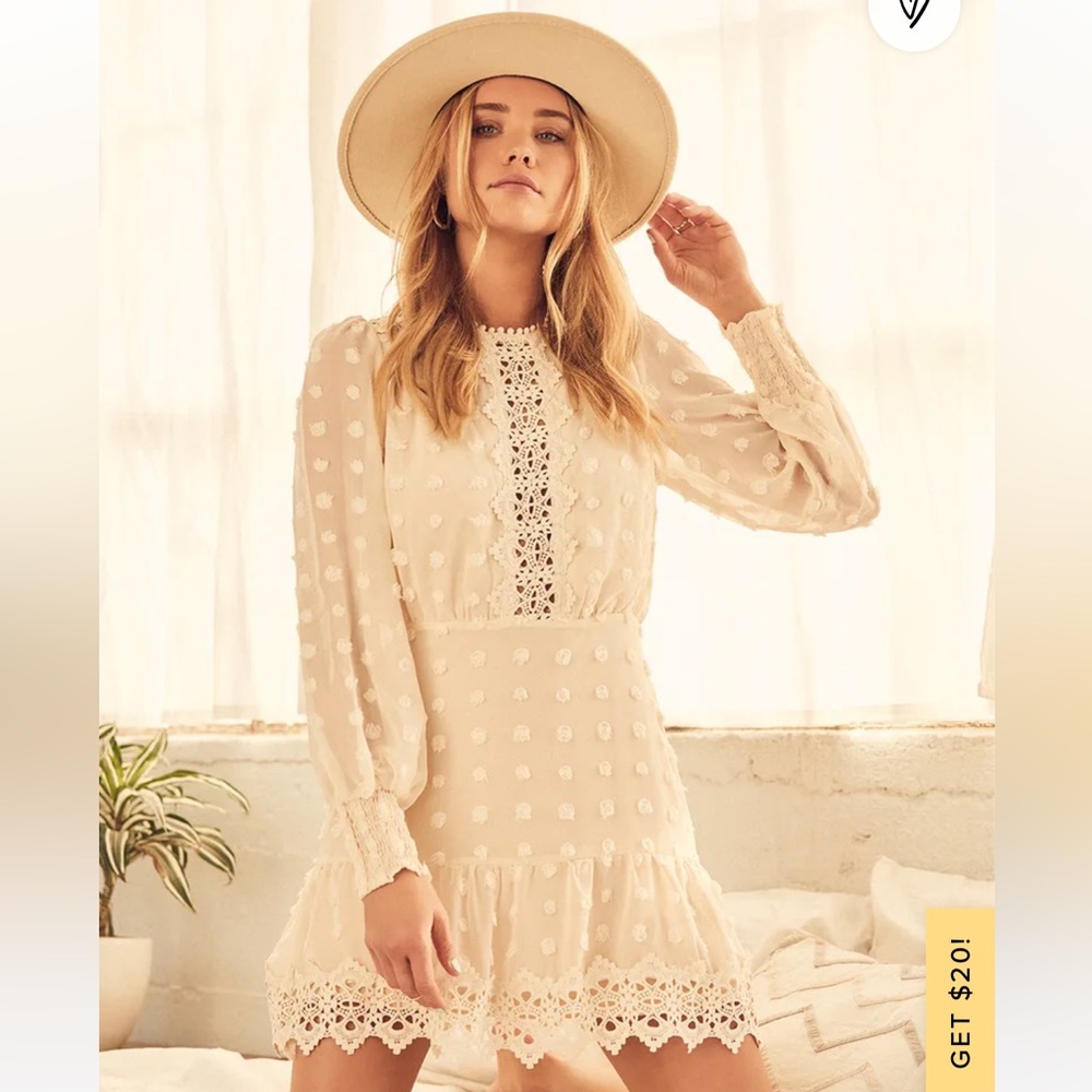 LULUS Lust or Love Cream Embroidered Lace Long Sleeve Dress